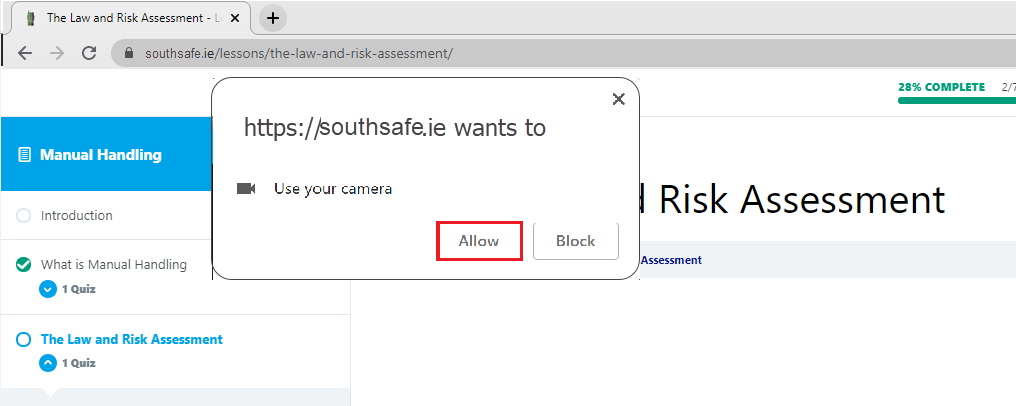 The browser asking to use the camera, with the Allow button